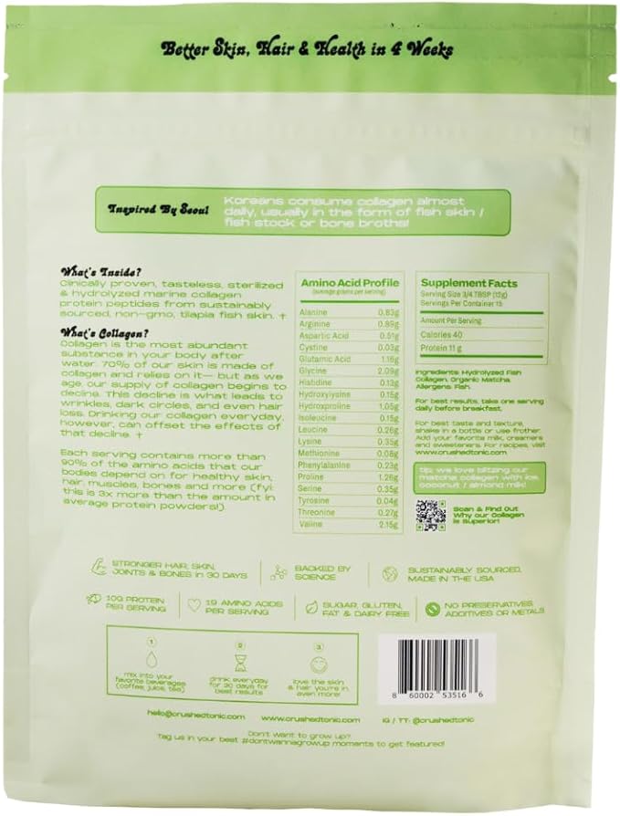 Crushed Tonic Bovine Collagen Powder Korean Beauty Drink with Hydrolyzed Collagen Peptides for Skin Hair &amp Nails | Gluten-Free Halal &amp Kosher (Matcha 5 Servings (50 g) Mini Pouch)