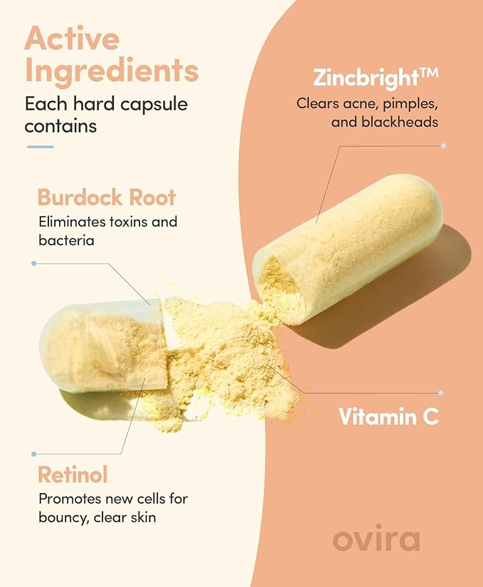Ovira Skin Clear with ZINCBRIGHT - 60 Capsules for Clear &amp Glowing Skin | Rosacea &amp Hormonal Acne Treatment with Vitamin C | Support Collagen Production | Acne Supplements for Women &amp Men