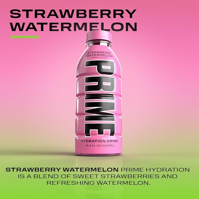 PRIME Hydration STRAWBERRY WATERMELON Sports Drinks Electrolyte Enhanced for Replsnishing Fluids 250mg BCAAs B Vitamins Antioxidants Low Sugar 16.9 Fl Oz 12 Pack