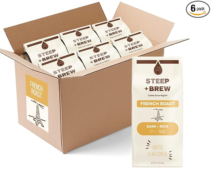 STEEP + BREW French Roast Coffee | Premium Arabica Coffee | Ground | Dark Roast | 12 oz | PACK OF 6