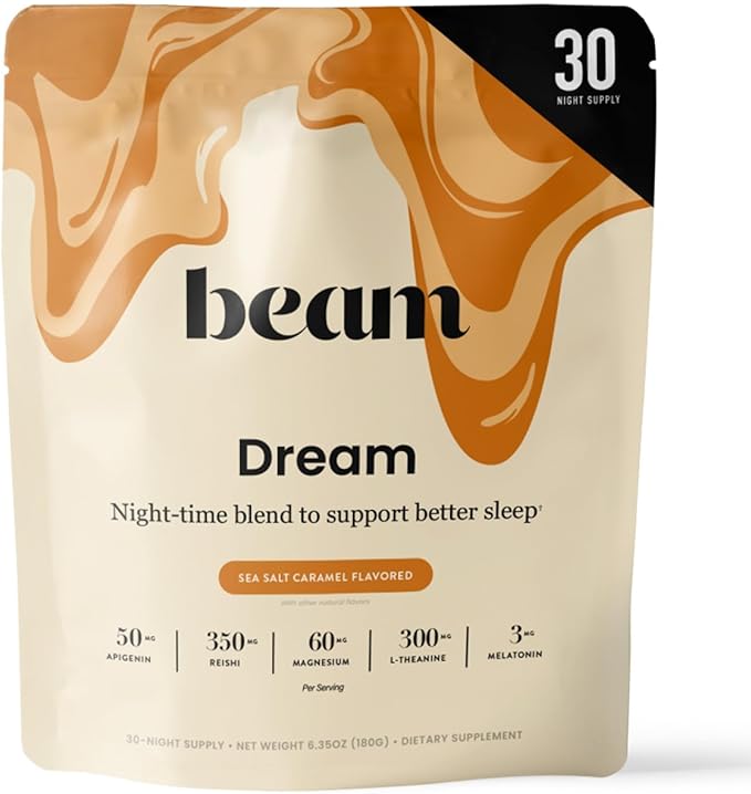 Beam Dream Sleep Powder – Sleep Aid for Adults with Melatonin Magnesium L-Theanine Reishi Mushroom &amp Apigenin Sleep Supplement Sleepy Cocoa Bedtime Drink Mix Sea Salt Caramel Flavor 30 Servi