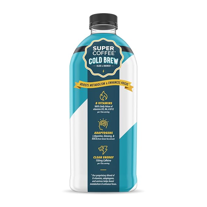 SUPER COFFEE Cold Brew Iced Keto Coffee (0g Added Sugar 25 Calories) 50 Fl Oz 6 Pack | Smart Coffee Drinks - SoyFree GlutenFree (Medium Roast)