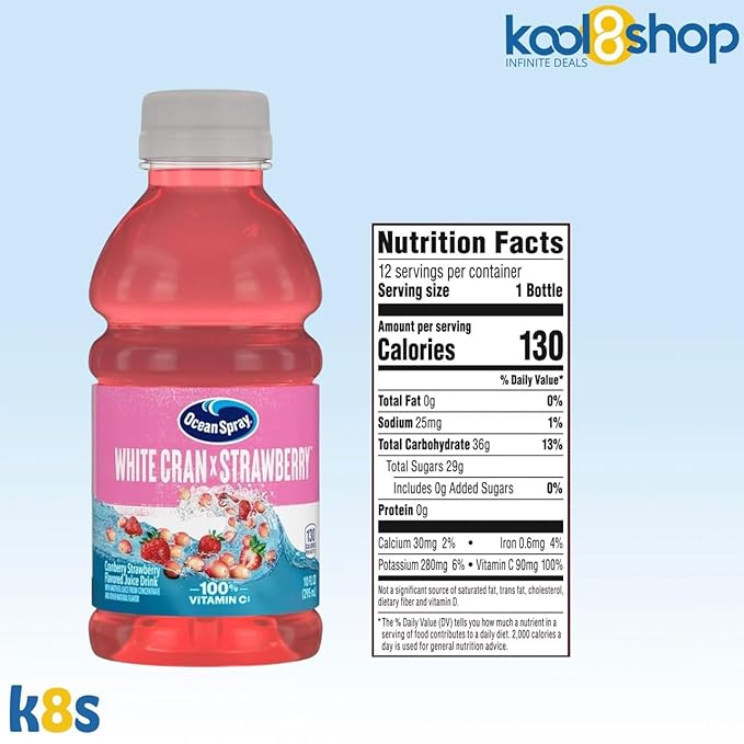 Ocean Spray White Cran Strawberry Fruit Juice Drink 10 fl oz Plastic Bottles 24 Pack + 2 Reusable Snack Bags by KOOL8SHOP Infinite Deals