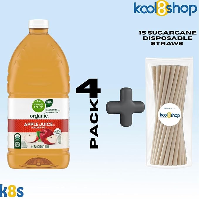 Simple Truth Organic Apple Fruit Juice 64 fl oz Plastic Bottles 4 Pack + 15 Sugarcane Disposable Straws by KOOL8SHOP Infinite Deals