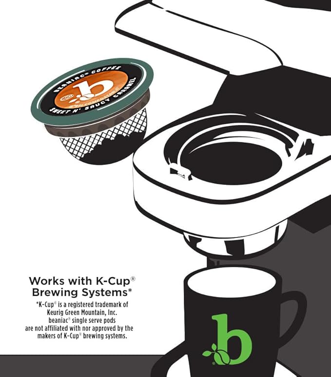 beaniac Sweet n' Saucy Caramel Flavored Light Roast Single Serve Compostable K Cup Coffee Pods Organic Arabica Coffee with Natural Flavors Keurig Brewer Compatible 30 Count