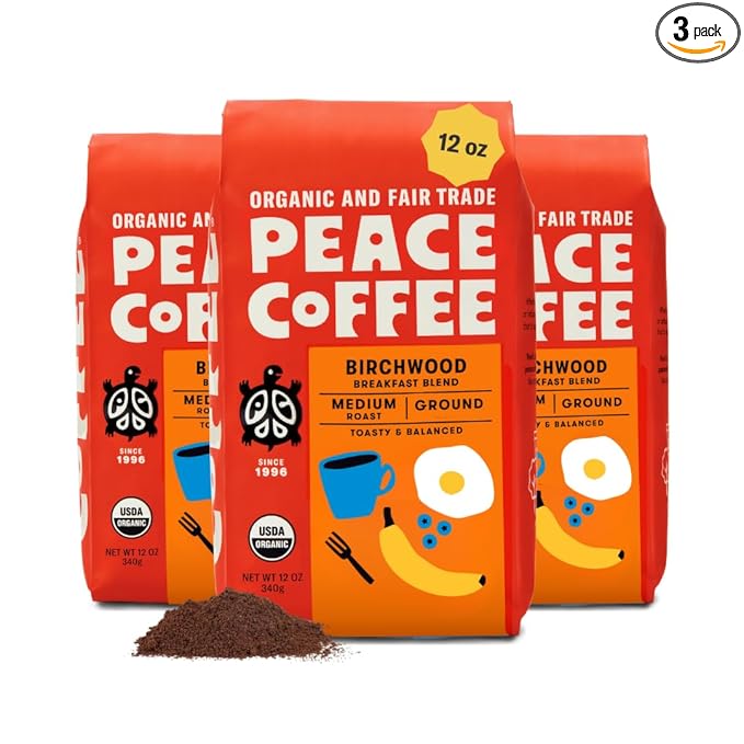 Peace Coffee Birchwood Breakfast Blend Ground Medium Roast Coffee 12 oz Pack of 3 Organic Fair Trade Smooth Mild Flavor Shade Grown Fresh Roasted