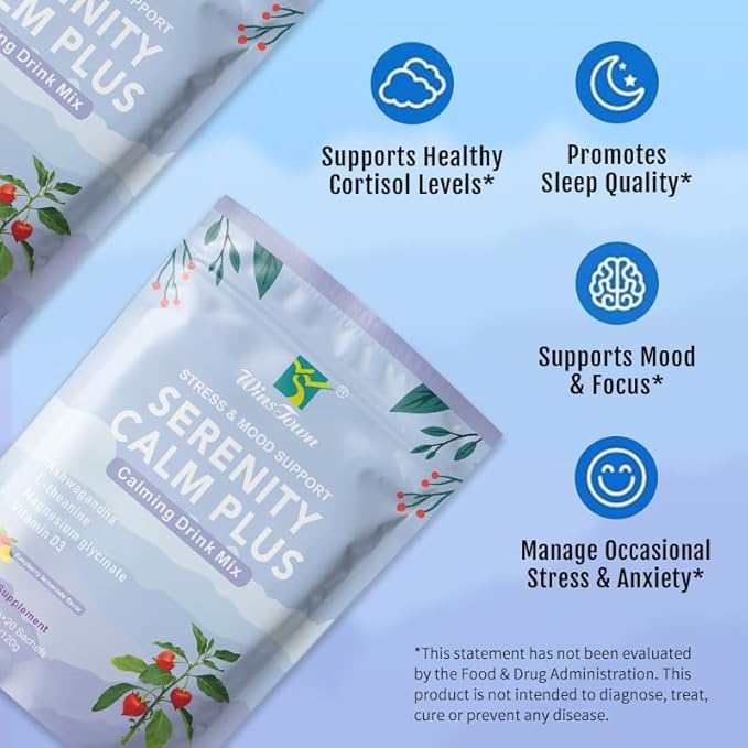 Serenity Calm Plus Drink Mix–Daily Stress&ampMood Support Ashwagandha L-Theanine Magnesium Glycinate&ampVitamin D3–Refreshing Raspberry Lemonade Non-Drowsy Calm–20 Sachets