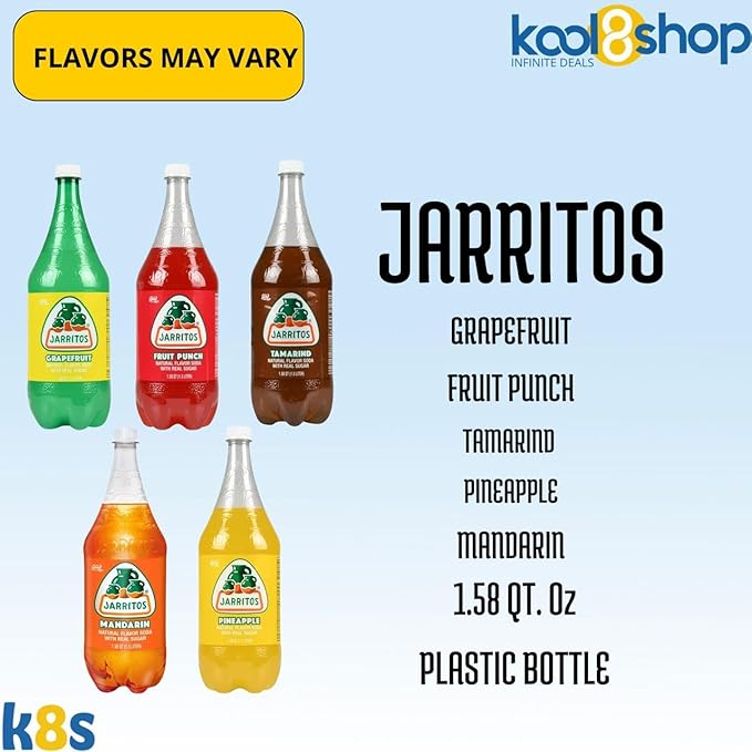 Jarritos Variety Collection Mexican Soft Soda Drink Flavors May Vary 1.5 Lt Plastic Bottles 5-Pack + 15 Sugarcane Disposable Straws by KOOL8SHOP Infinite Deals