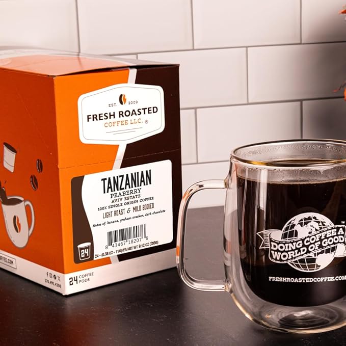 Fresh Roasted Coffee Tanzanian Peaberry Light Roast 72 Pods for K Cup Brewers