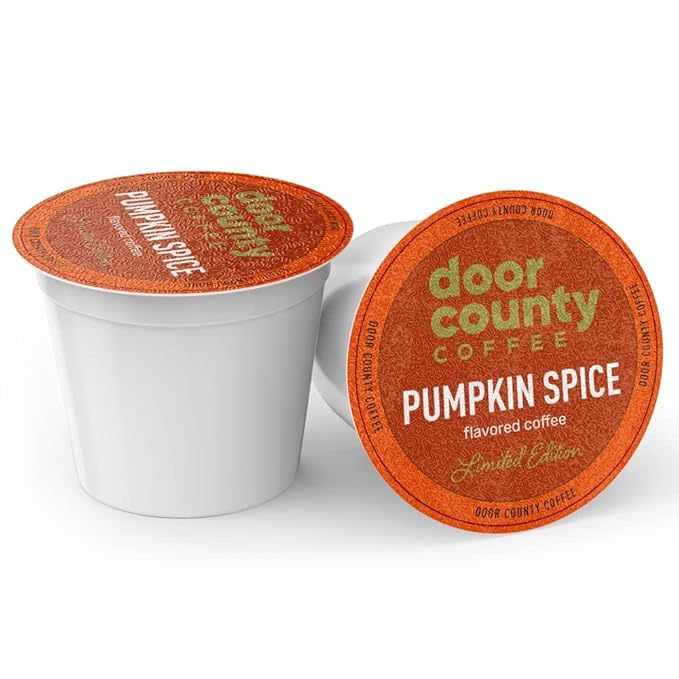 Door County Coffee Pumpkin Spice Fall Flavored Ground - 10 Count Single Serve Cups - Medium Roast - 100% Specialty Arabica - Flavored Gourmet - Cinnamon &amp Nutmeg