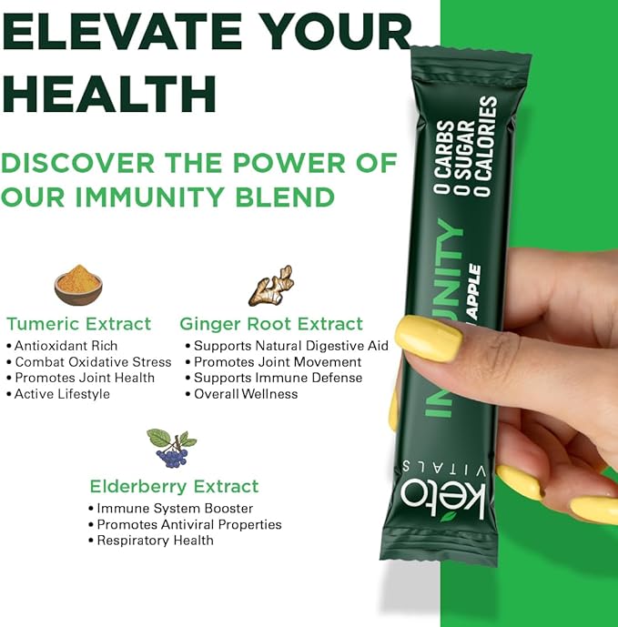 Keto Vitals Immunity Sugar Free Electrolytes Powder with Vitamin C Ginger Turmeric &amp Elderberry - Boost Your Immune System and Rehydrate Your Body - Green Apple Flavor 30 Count