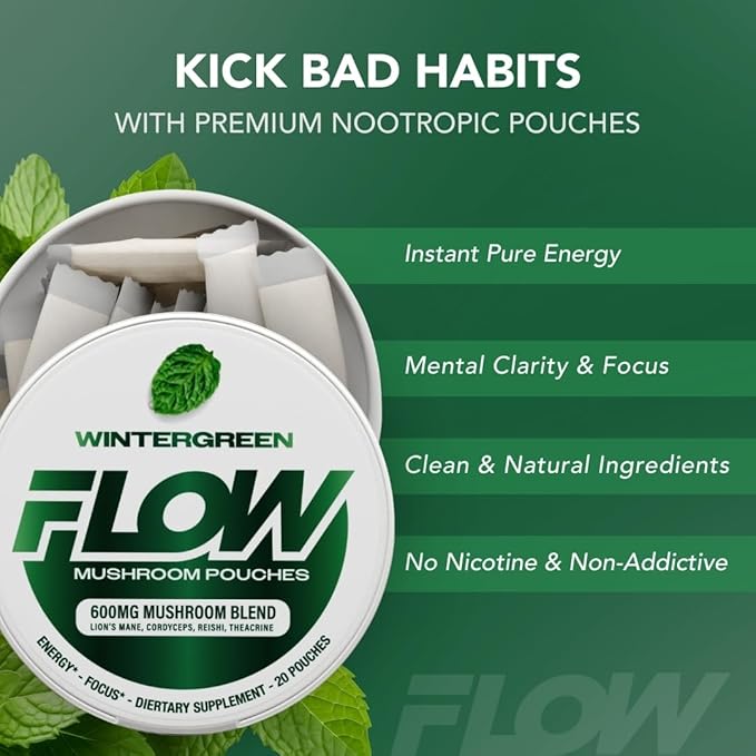 Mushroom Nootropic Pouches - 600mg Organic Mushroom Energy Ultra Pouches with Lion's Mane Reishi Cordyceps for Focus &amp Clean Energy - Zero Caffeine or Sugar (5 Can Pack Wintergreen)