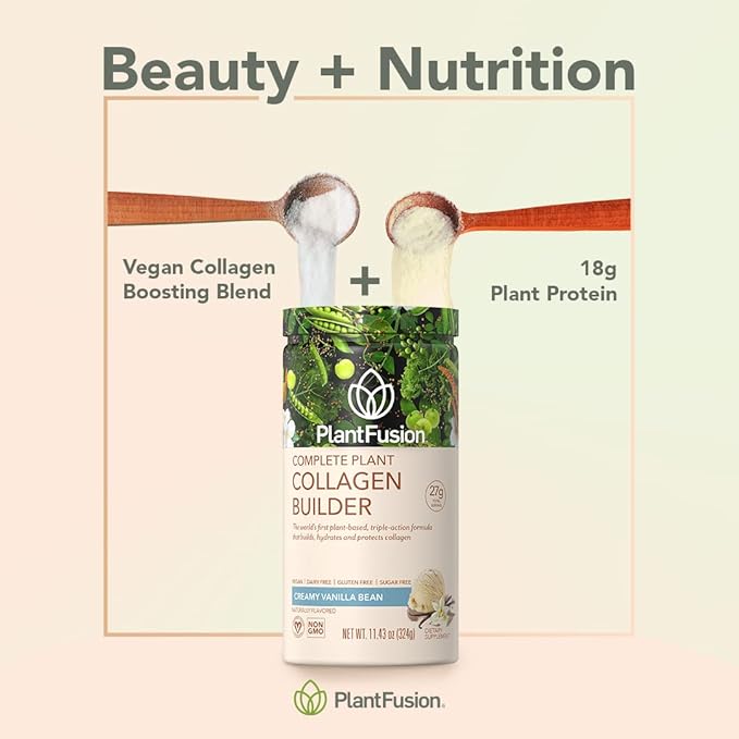 PlantFusion Vegan Collagen Powder - Plant Based Collagen Protein Powder for Muscle &amp Joints Hair Skin &amp Nails - Keto Gluten Free Soy Free Non-Dairy No Sugar Non-GMO - Vanilla 11.43 oz