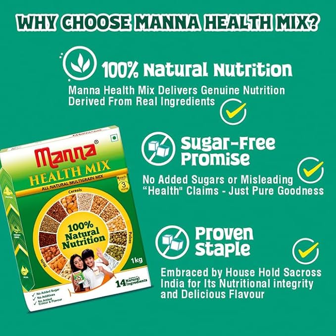 Manna Health Mix | 100% Natural Multigrain Nutrition Drink Kids | Multi Millet Health Drink Mix Powder 2kg (1kg x 2 Packs) | Sathu Maavu | Porridge