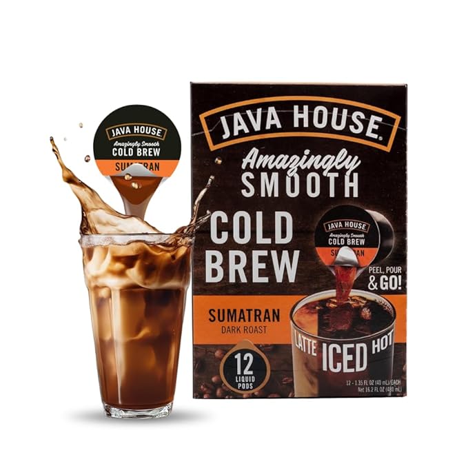 JAVA HOUSE Dark Roast Sumatran Cold Brew Pods (12 Count) Peel and Pour Pods Hot or Iced Instant Coffee Concentrate