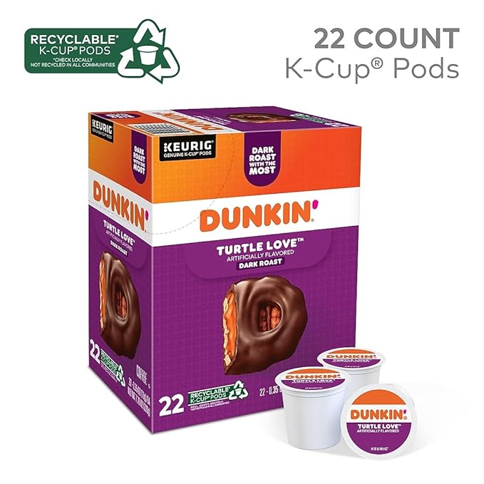 Dunkin' Turtle Love Dark Roast K-Cup Pods 22 Count Caramel Pecan Chocolate Flavor Caffeinated Kosher