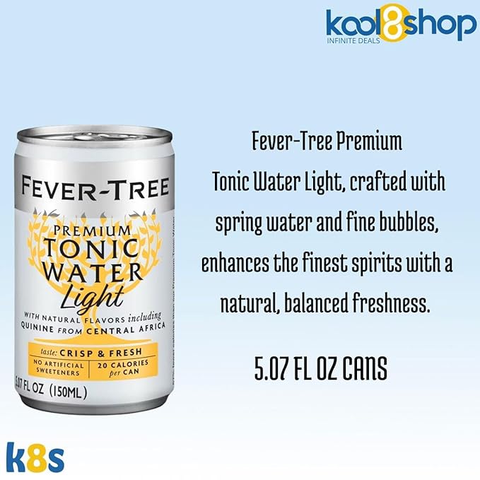 Fever-Tree Tonic Water Light Premium Mixer 5.07 fl oz Aluminum Cans 24 Pack + 20 Plastic Stirrer Sticks by KOOL8SHOP Infinite Deals