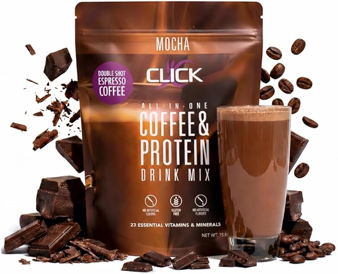 Click Coffee Protein Protein &amp Real Coffee All-in-One Meal Replacement Nutrition Drink Mocha Flavor 23 Essential Vitamins Double Shot Espresso Coffee Hot or Cold 15.8-Ounce