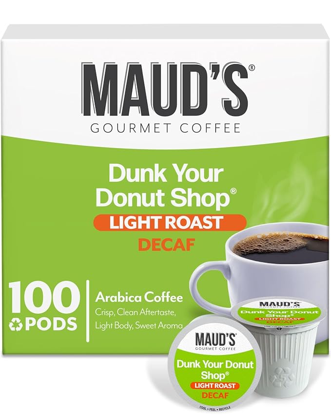 Maud's Decaf Donut Shop Coffee Pods 100 ct Decaffeinated Light Roast Coffee in Single Serve Pods – 100% Arabica Beans Compatible with Keurig K Cups Maker