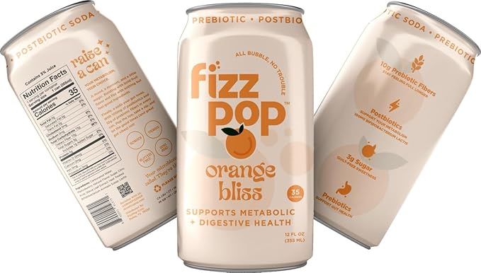 Fizz Pop Metabolic Sparkling Postbiotic and Prebiotic Soda Pop Gut Health Seltzer Water Fiber Drink Metabolism Booster Orange Bliss Flavor 12 oz Cans (Pack of 12)