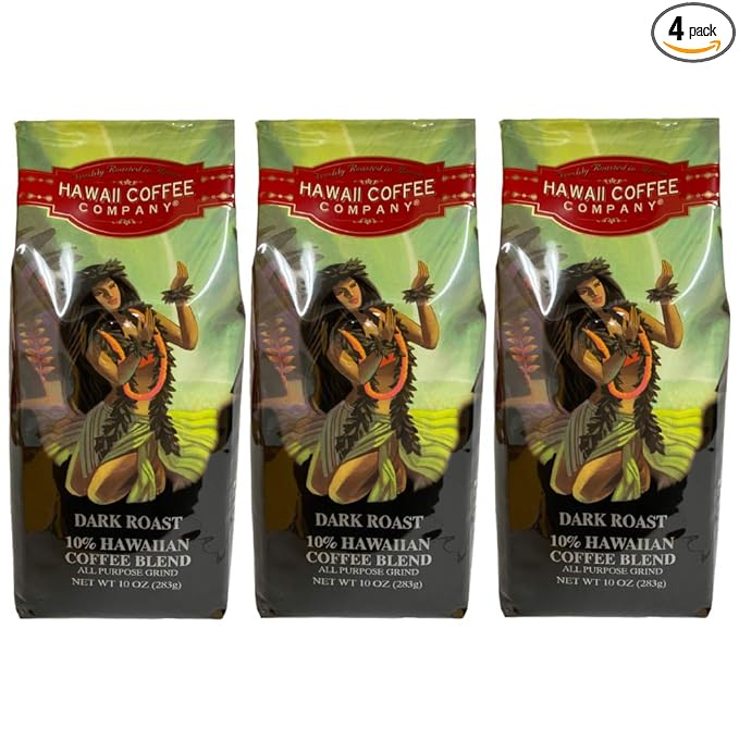 Hawaii Coffee Company 10% Hawaiian Blend Dark Roast Ground Coffee 10oz Bag (Three Bags)