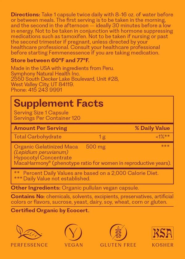 Femmenessence® MacaHarmony® – Clinically Studied Hormone Balance Support for Menstrual Health PMS Relief Mood Skin &amp Fertility 240 Natural Organic Vegan Capsules (120 Day Supply)