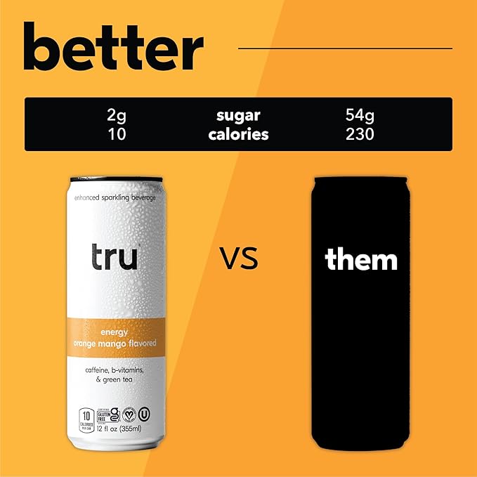 Tru Energy Seltzer Sparkling Water with Natural Caffeine Orange Mango Juice Green Tea Extract &amp B Vitamins Lightly Carbonated Energy Drink Gluten Free Vegan Low Calorie 12 FL OZ Cans 12 P