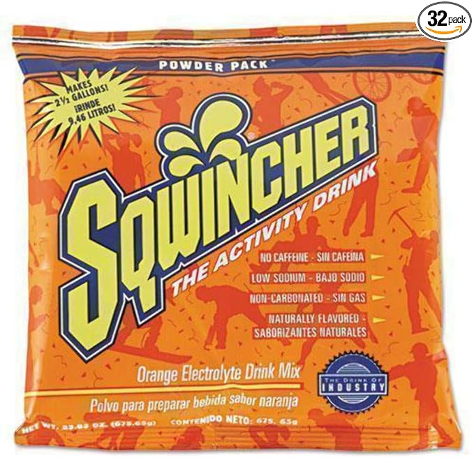 Sqwincher Powder Pack Orange Flavored Low Calorie Low Sodium Electrolyte Replenishment Hydration Drink Mix Just Add to 2.5 Galons of Water 23.83 oz Packet (Pack of 32)