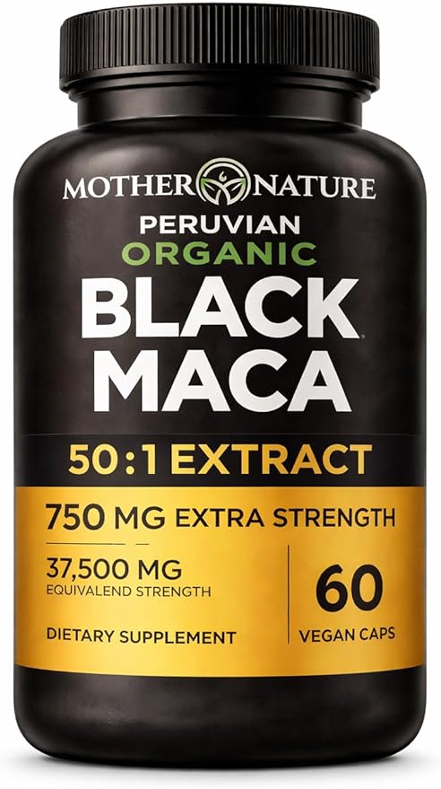 Black Maca Root 50:1 Extract 37500mg – 60 Capsules Organic Peruvian Maca Peruana Supplement for Men | High Potency Energy Mood &amp Performance Support | Vegan Non-GMO
