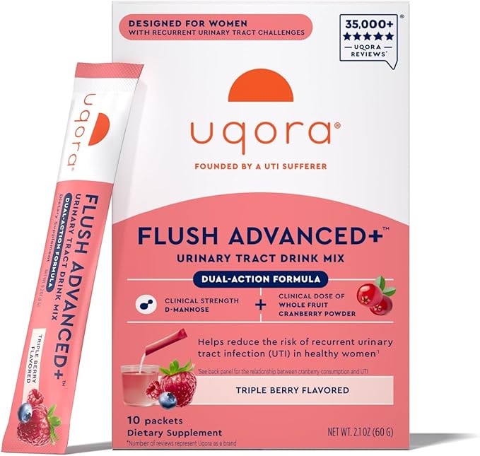 Uqora Flush Advanced+ - Helps Reduce Risk of Recurrent UTI** - with Cranberry D-Mannose Vitamin C Vitamin B6 &amp Potassium - Gluten-Free &amp Vegan - Triple Berry Flavor - 10 Packets (1 Pack)