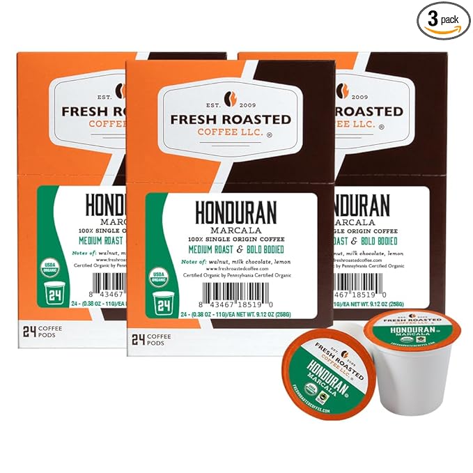 Fresh Roasted Coffee Organic Honduran Marcala | USDA Organic 100% Single Origin Kosher | Medium Roast 72 Pods for K Cup Brewers