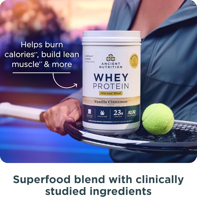 Ancient Nutrition Multi Collagen Advanced Peptides Powder Lean Cinnamon 25 Servings + Grass-fed Whey + Fat Loss Protein Powder Vanilla Cinnamon 18 Servings