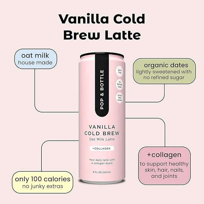 Pop &amp Bottle Vanilla Oat Milk Lattes - Cold Brew Sustainably Sourced Marine Collagen MCT Oil Organic Dairy Free Gluten Free Lightly Sweetened with Dates - 8 Fl Oz (Pack of 8)