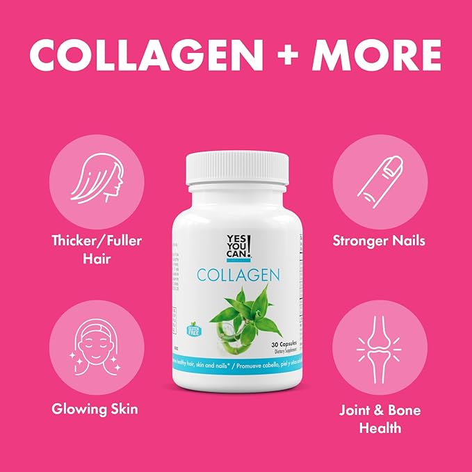 Yes You Can! Collagen Capsules for Women and Men Dietary Supplement to Promote Healthy Hair Skin and Nails 290 mg Bovine Collagen Vitamin A Vitamin D3 Zinc and Copper 30 Capsules - 4 Pack