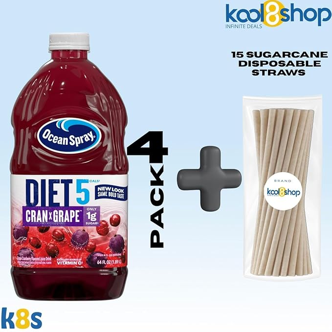 Ocean Spray Diet Cran Grape Juice Drink 64 fl oz Plastic Bottle 4 Pack + 15 Sugarcane Disposable Straws by KOOL8SHOP Infinite Deals