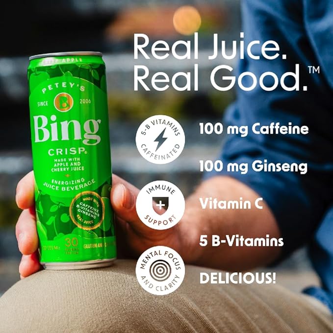BING CRISP Energizing Juice Beverage – Apple &amp Cherry (12oz/24pk) – Made with REAL Juice! Only 2g added Sugar Low Calorie 5 B-Vitamins &amp Ginseng 100mg Caffeine Vegan Gluten + Dairy Free.