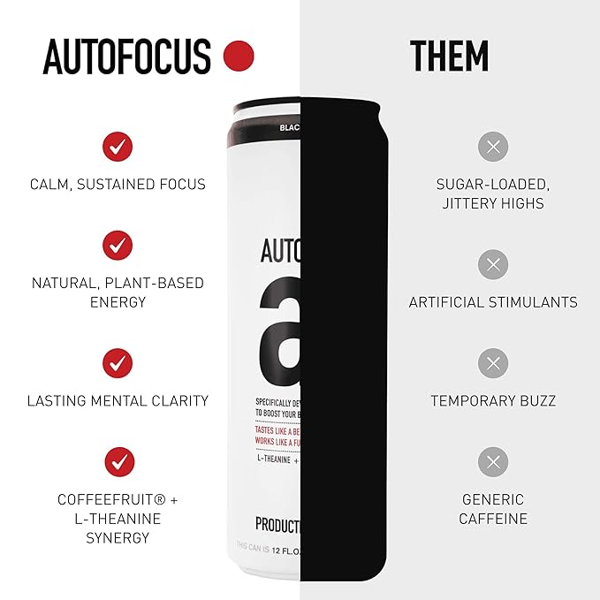 AUTOFOCUS Functional Energy Drink - Natural Focus Drink with Coffee Fruit &amp L-Theanine - Clean Caffeine Brain Booster - No Added Sugar. Productivity Energy Drink for Work &amp Study - Black Curra