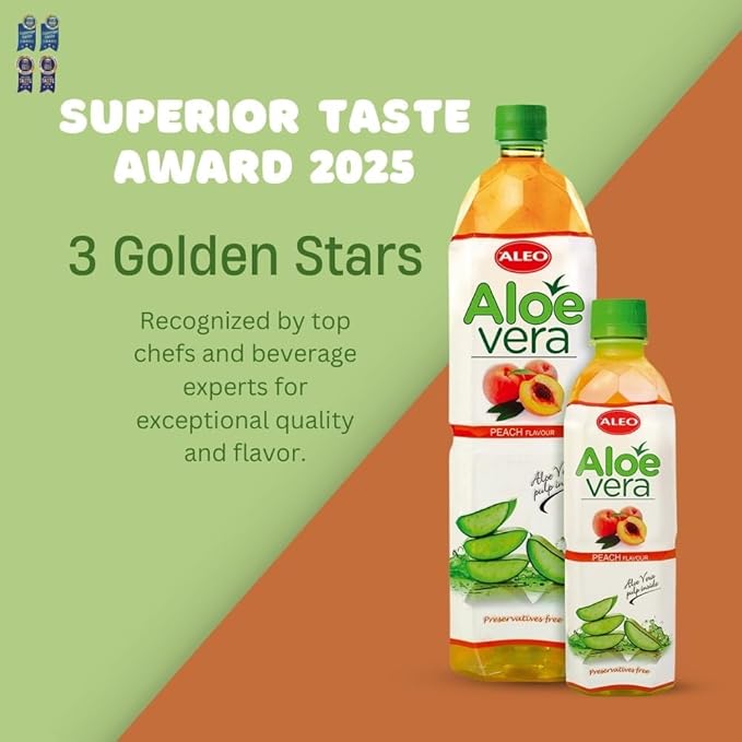 ALEO 0.5L x 24 Premium Peach Aloe Vera Drink - Natural No Preservatives No Artificial Colors Superior Taste Award 2025