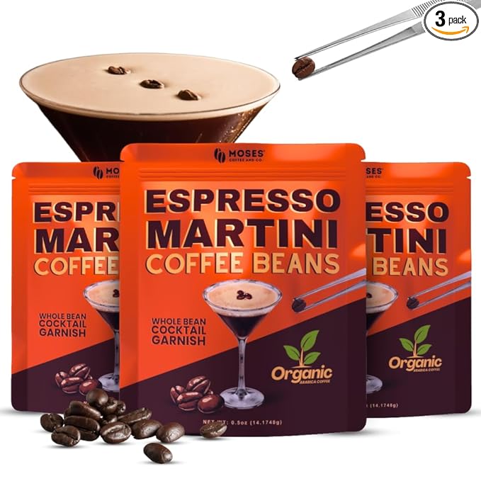3-PACK ESPRESSO MARTINI COCKTAIL GARNISHES | Organic whole coffee beans from Moses Coffee &amp Co. 0.5oz premium cocktail essentials for mixologists bartenders and home cocktail lovers | (Symbol o