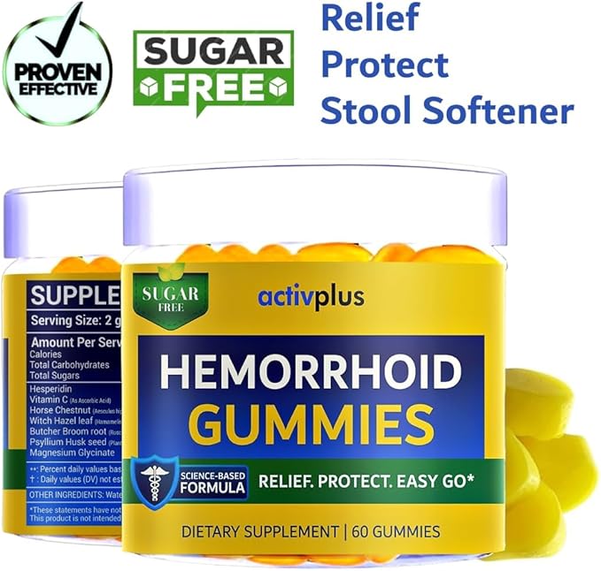 Hemorrhoid Treatment to Reduce Re-occurrences &amp Easier Regularity with Stool Softener | 7 Clinically Studied hemorrhoid Ingredients | Plant-Based Sugar Free Lemon 60 Vegan Gummies