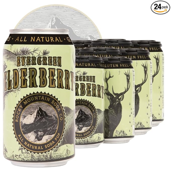 Rocky Mountain Soda 24‑Pack 12 Fl Oz Cans Small‑Batch Craft Soda Pop Gluten‑Free Vegan Organic Cane Sugar No Preservatives No Added Sodium Elderberry Soda Pop