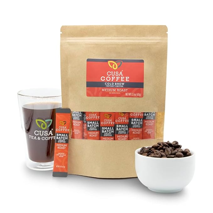 Cusa Tea &amp Coffee | Premium Instant Medium Roast | Rainforest Alliance Certified Arabica Beans | Hot or Cold Brew Drink Mix Packets (30 Single Servings)