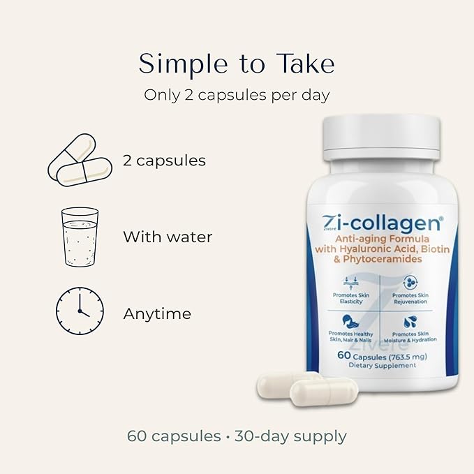 Zi-Collagen Marine Collagen Capsules for Skin Hair &amp Nails – Collagen Supplement with Phytoceramides Hyaluronic Acid Biotin &amp Vitamins A C D3 E – 60 Capsules