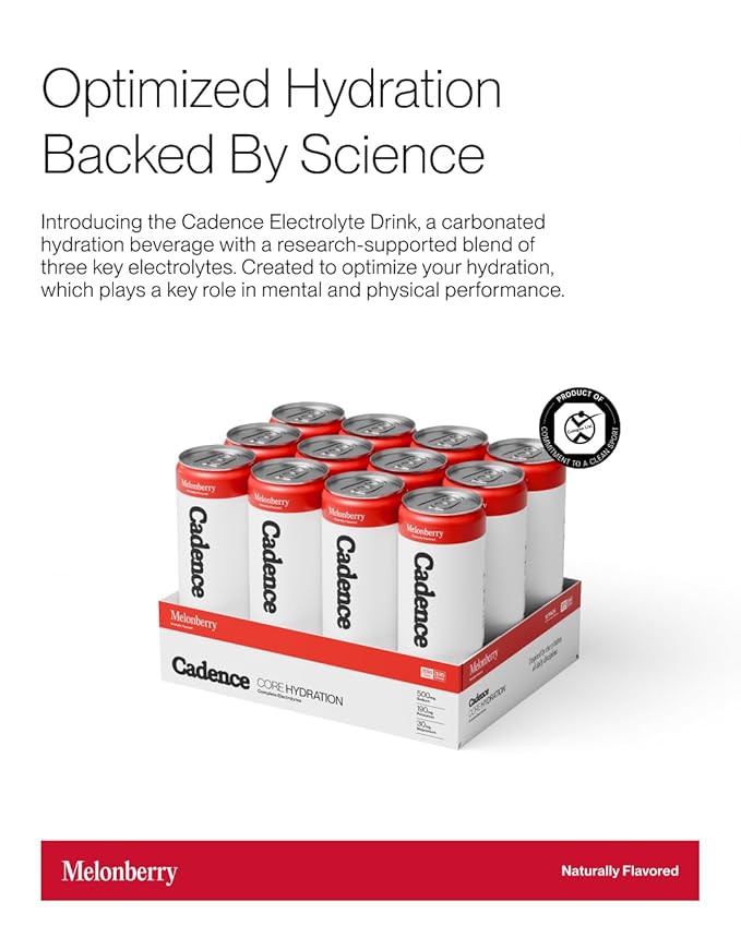 Cadence Electrolyte Drink Cans Melonberry - Case (355ml x 12) - US | Science-Backed Hydration | Zero Sugar Zero Caffeine | Sodium Potassium &amp Magnesium for Performance &amp Recovery