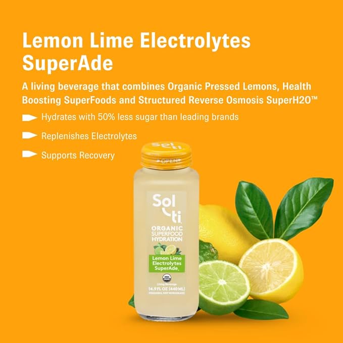 Organic Lemon Lime Electrolytes SuperAde Drink Effective Hydration SuperFood Lemonade by Sol-ti Cold-Pressed Juice Blend 16 Pack (14.9 Fl oz)