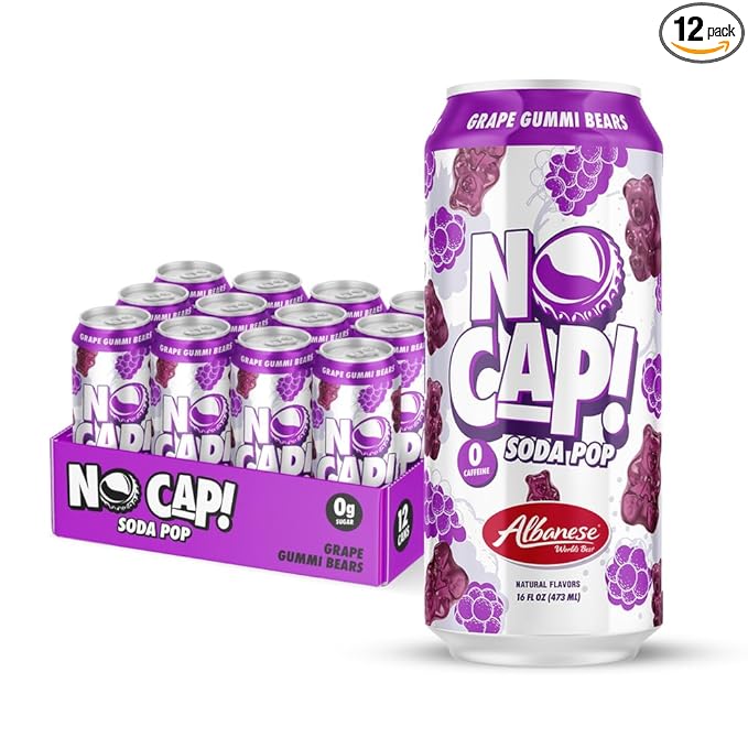 No Cap! Healthy Soda Alternative Natural Allulose Zero Sugar Zero Calorie Caffeine Free | Hydrating Electolytes Natural Flavors 16 oz. (Grape Gummi Bear)