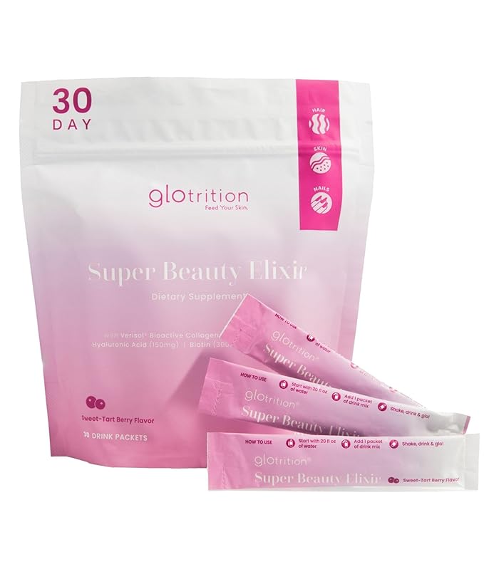 Glotrition Super Beauty Elixir - Collagen Peptides Powder for Skin Hair &amp Nail Health. Natural Grass Fed Collagen with Biotin Hyaluronic Acid &amp Antioxidants (30ct)