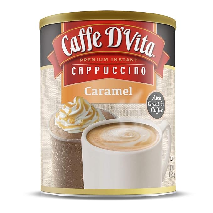 Caffe D'Vita Caramel Cappuccino Mix - Instant Coffee Mix No Cholesterol No Trans Fat 99% Caffeine Free Gluten Free - 1 lb. can (16 oz.)