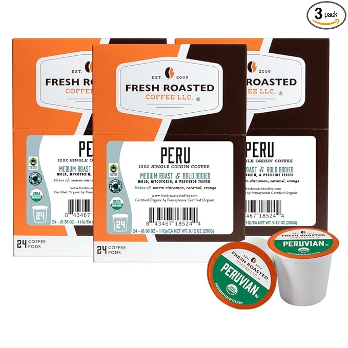 Fresh Roasted Coffee USDA Organic Peru | 3rd Party Tested for Pesticides Mold Mycotoxins Kosher | 100% Arabica Specialty Grade Med Roast 72 Pods for K Cup Brewers