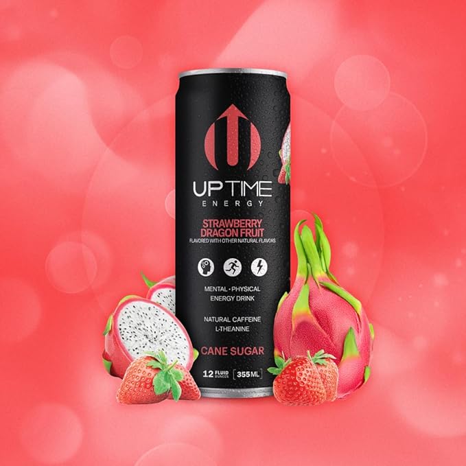 UPTIME Energy Drink Strawberry Dragon Fruit Cane Sugar 12 Pack Vitamin C L Theanine Calcium Energy Drinks for Focus Support 142mg of Natural Caffeine per Serving Clean Natural 12 fl oz Cans